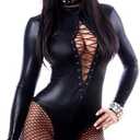 Women Sexy Leather Lingerie Bodysuits Erotic Leotard Club Latex Costume (Black, S)