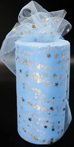 Gold Star Glitter Tulle Rolls 6 inch x 10 Yards (30 feet) Blue Color for Table Runner Chair Sash Bow Pet Tutu Skirt Sewing Crafting Fabric Wedding Birthday Ribbon 