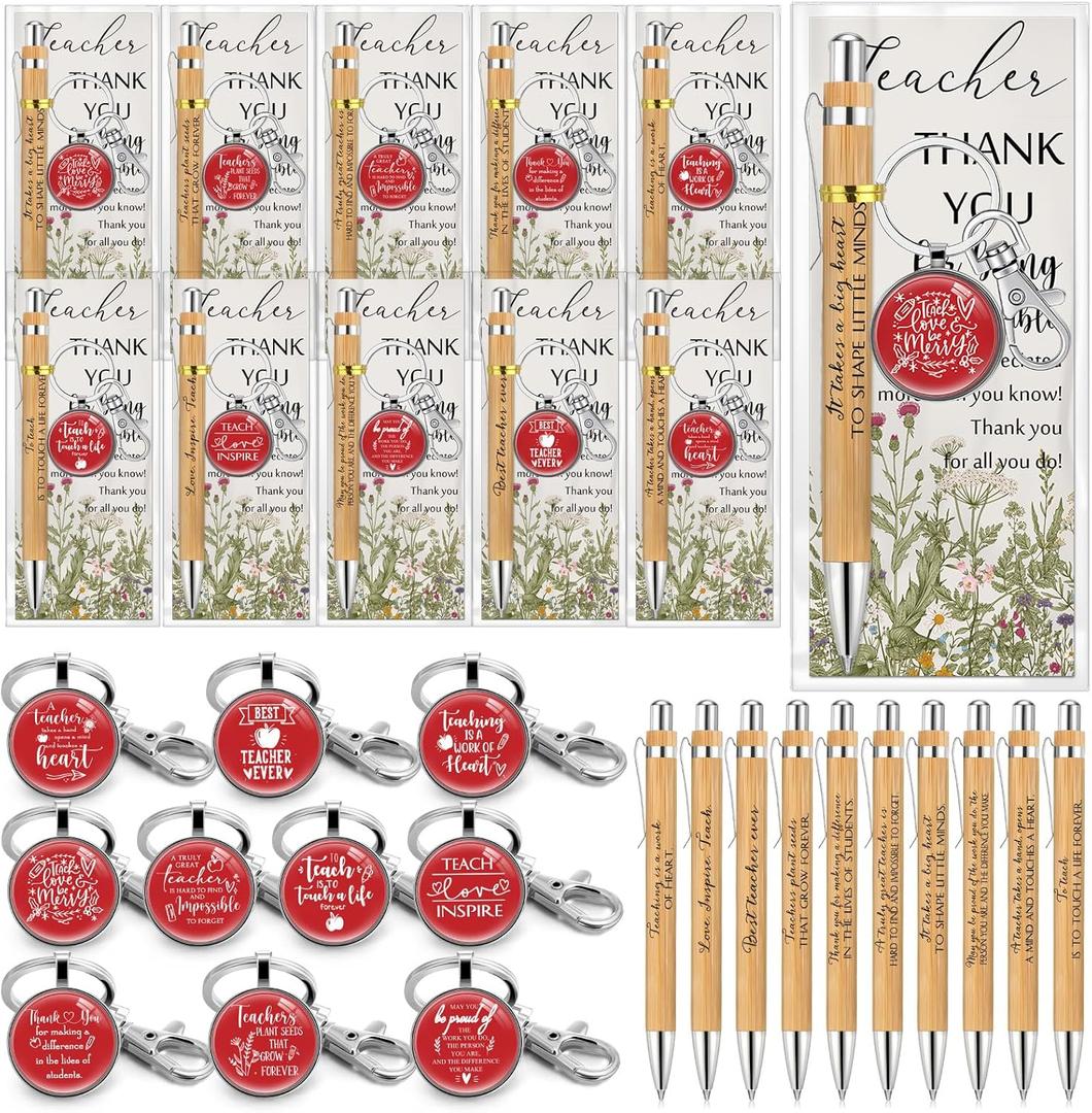 10 Sets Teacher Week Appreciation Gifts Bulk Thank You Teachers Gifts with Bamboo Pens Keychains and Inspirational Cards