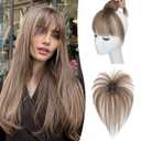 UDU Clip in Bangs Real Human Hair, Natural Clip on Fringe Hair Extensions with Temples, Fake Bangs Hairpiece for Women (Ombre Ash Brown with Highlights)