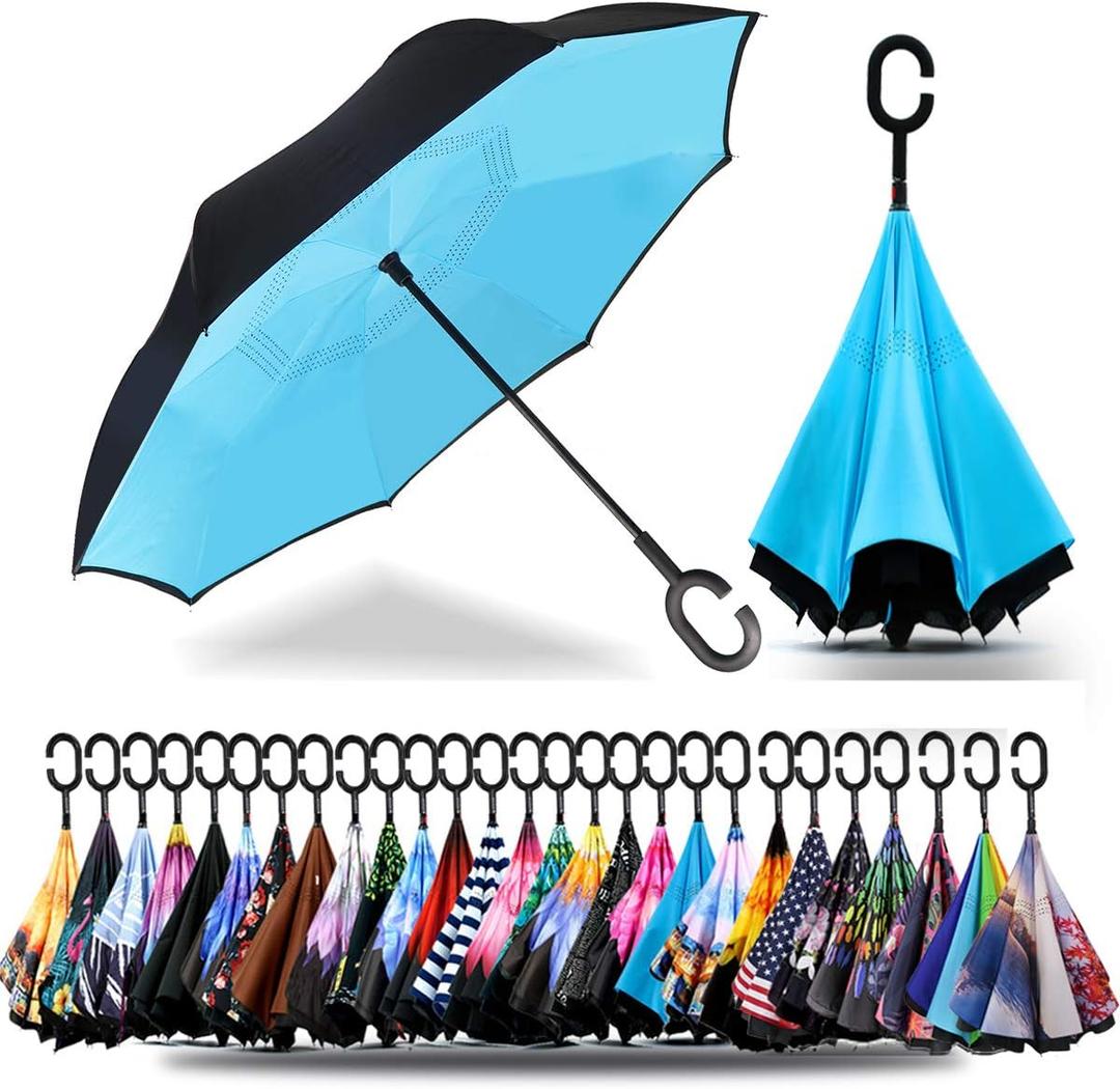 SIEPASA 49 Inch Inverted Reverse Upside Down Umbrella, Extra Large Double Canopy Vented Windproof Waterproof Stick Golf Umbrellas with C-shape Handle. (Blue)