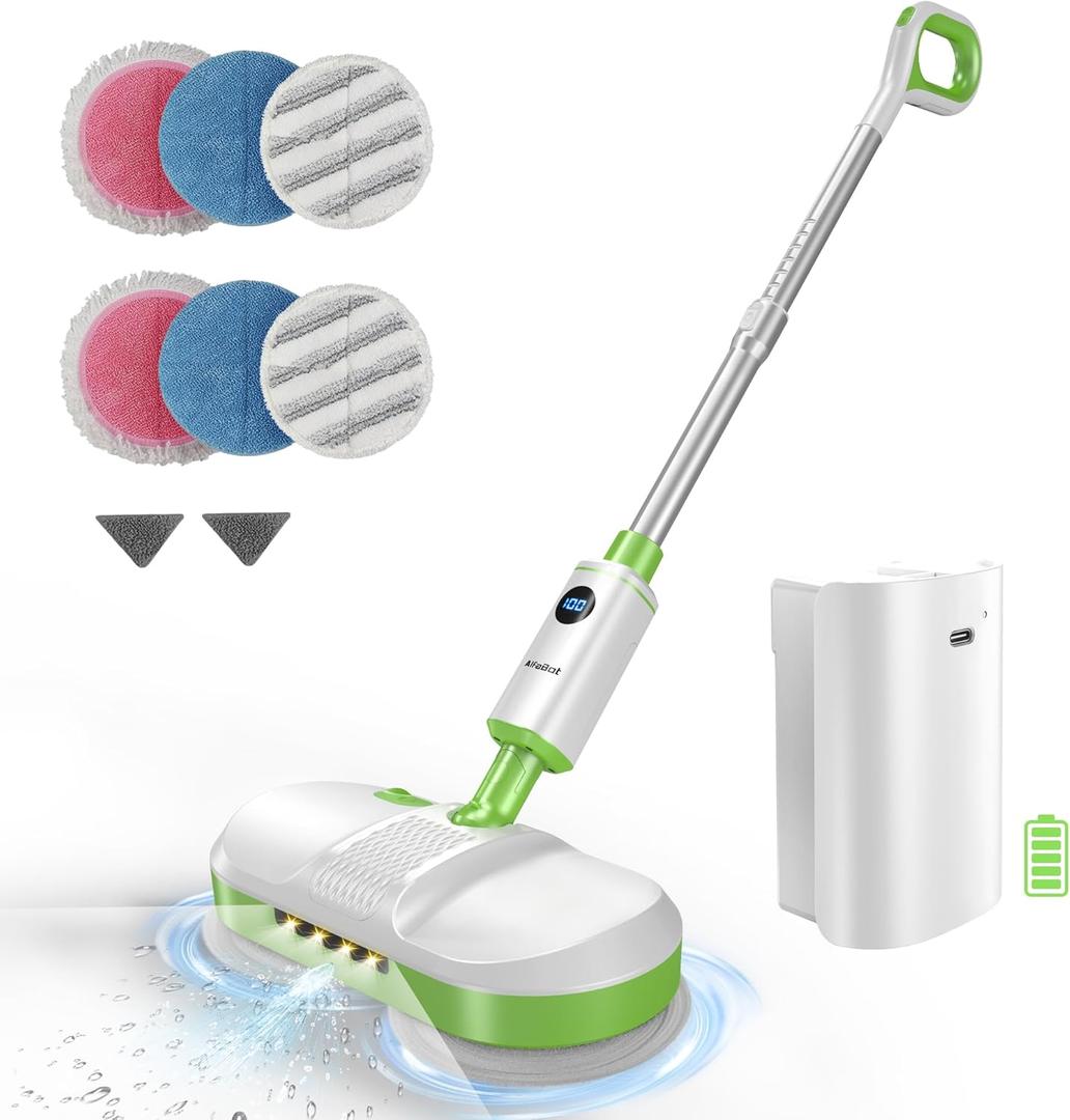 AlfaBot Cordless Electric Mop for Floor Cleaning, Dual Spin Mop with LED Headlight/Water Spray/Self-Propelled,Clean up to 2700 ft,Rechargeable Electric Mops with Big Water Tank for Multi Floors (Green)