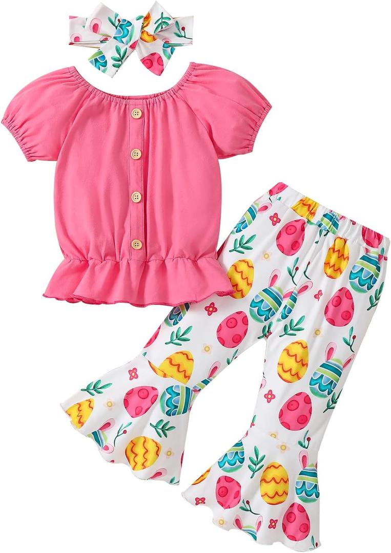 Toddler Baby Girl Easter Outfits Girl Short Sleeve Shirt Top Bunny Bell Bottom Flared Pants Set Summer Clothes 1-5Y (2-3 Years, Pink)