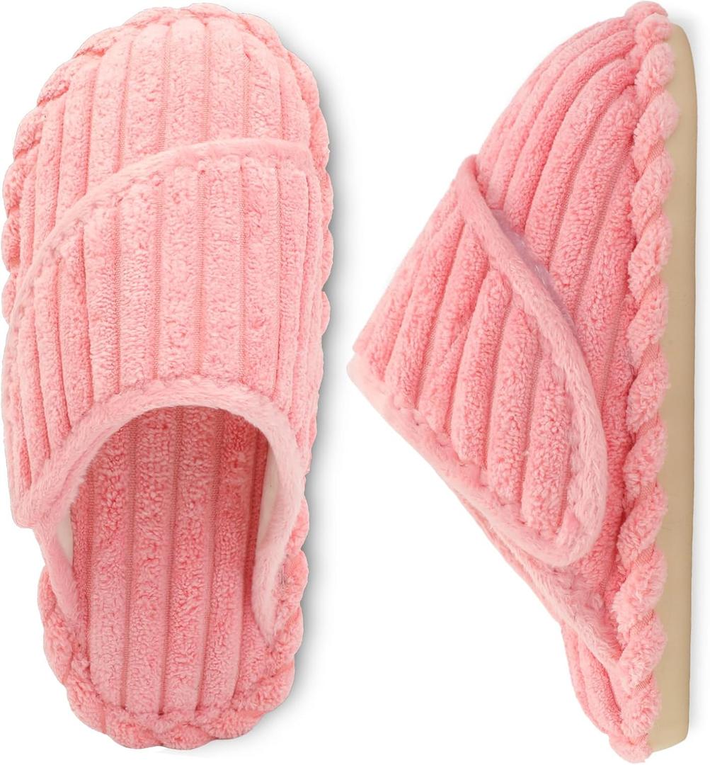 Besroad Kids Slippers Girls Boys House Slippers Adjustable Warm Memory Foam House Shoes Soft Corduroy Bedroom Slides Indoor Outdoor (Pink)