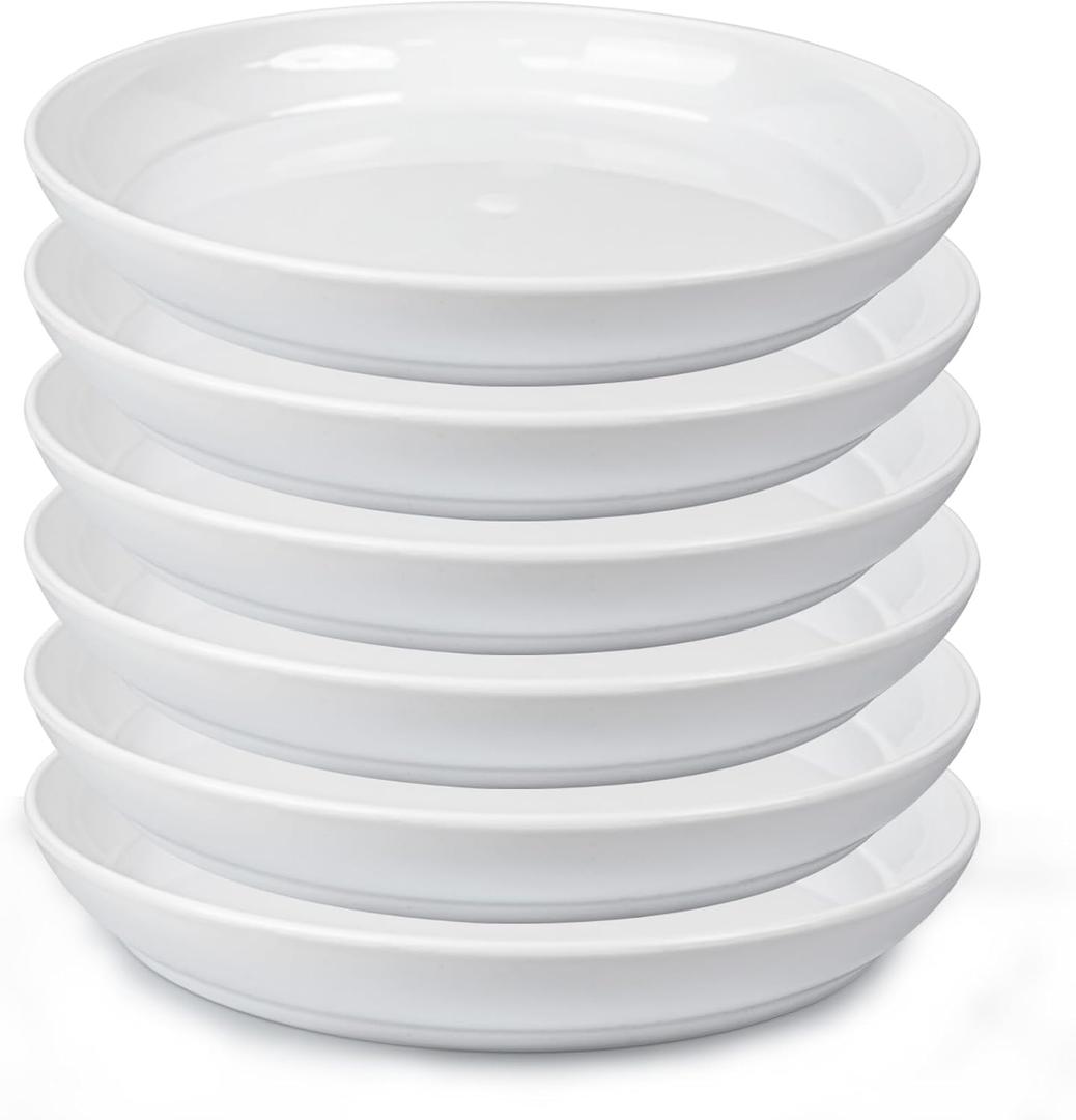 Round Plastic Plant Saucers Set, 6-Pack, 7.6 Inches (6.4 Inch Base) Pot Drip Trays, Ideal for Indoor and Outdoor Home Garden Flower Pot Containers. (White)