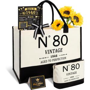 YeohJoy 80th Birthday Gifts for Women Canvas Tote Bag Travel Gear, Unique 80 Years Old Gifts for Wife Mom Sister Aunt Friends Her, Vintage N80 Handbag & Cosmetic Bag & Back in 1946 Poster