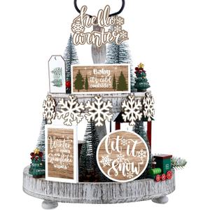 Bucherry Christmas Winter Tiered Tray Decor Snowflake Tiered Tray Decorations Let It Snow Block Signs Hello Xmas Wooden Banner Farmhouse Coffee Bar Sign for Home Party Tabletop(Rustic)
