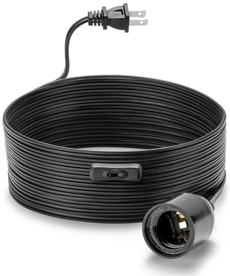 20Ft Extension Hanging Lantern Cord - Black, E26 Light Bulb Socket with Cord, On/Off Switch, Polarized Plug, UL Approval Pendant Light Cable with Socket (No Bulb)