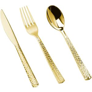 150PCS Gold Plastic Silverware, Heavy Duty Hammered Plastic Cutlery Set, Disposable Utensils - 50 Forks, 50 Spoons and 50 Knifes for Party, Wedding and Events