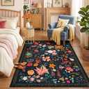Area Rug for Living Room, 4x6Ft Washable Rug, Floral Low Pile Non-Slip Carpet for Bedroom Office Playroom Entryway Kitchen Dining Room, Black