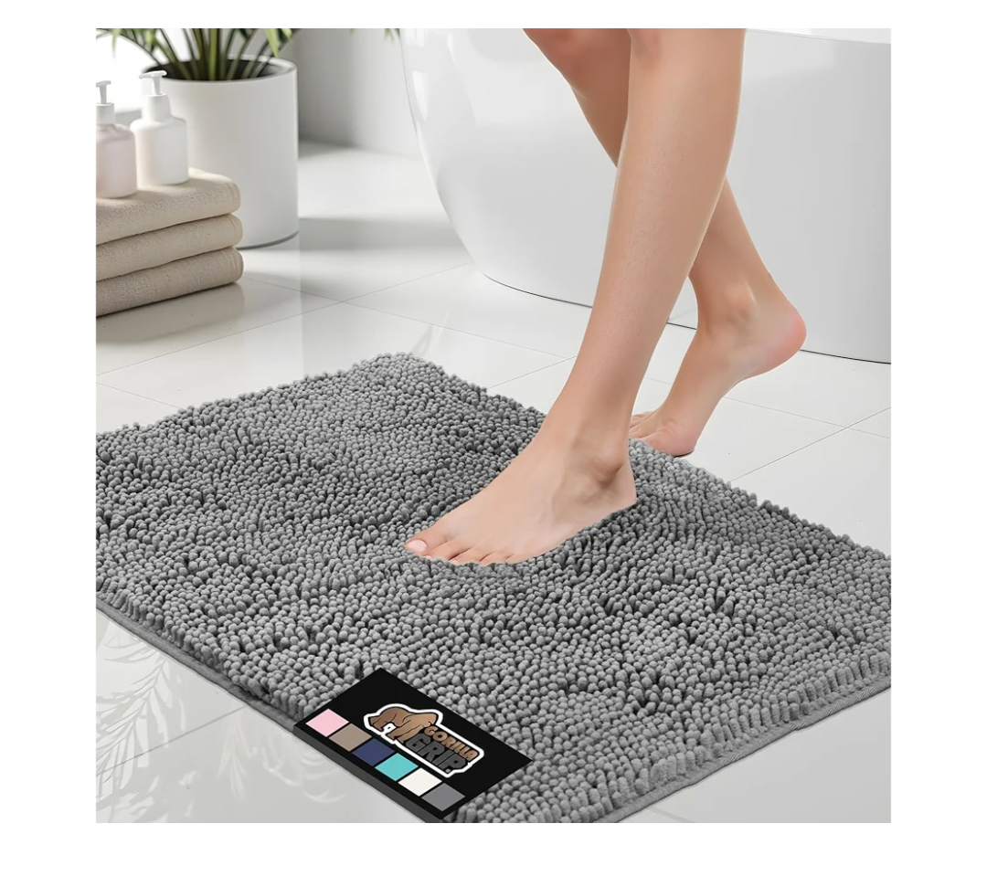 GORILLA GRIP Bath Rug Mat, Thick Soft Absorbent Chenille, Quick Dry Microfiber Mats, Rubber Backing Machine Washable Shower Floor Rugs, Bathmat Runner, Bathroom Home Decor Accessories, 24x17, Grey