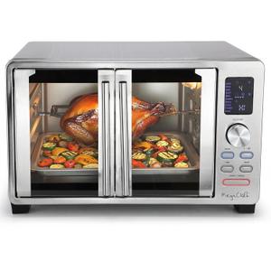 MegaChef 25 Liter Digital Electric French Door Multi-Function Counter Top Oven with Rotisserie Set & Toast, Bagel, Pizza, Bake, Roast, Broil, Cookies, Rotisserie, Dehydrate, Ferment, Warm Functions, Compact