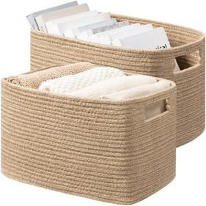 UBBCARE 2 Pack Storage Baskets for Organizing, Shelf Baskets with Handles, Woven Storage Baskets for Bookcase/Cube Shelf/Closet, 14.5"L x 9.8"W x 9"H, Jute