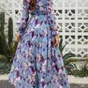 BLENCOT Womens Casual Boho Floral Printed V Neck Long Sleeve Long Maxi Dress Spring Summer Dresses (Blue, L)