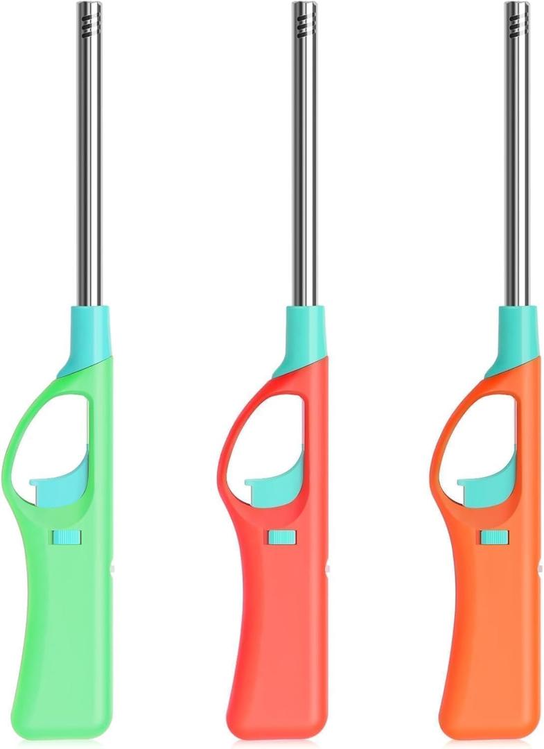 Refillable Butane Lighters, Larger BBQ Grill Click Flame Long Stem Lighter Adjustable Soft Flame Multipurpose Lighters(No Butane Fuel Inside) - Pack of 3