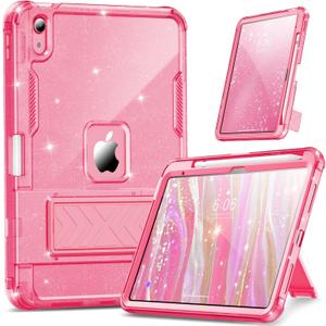 INFILAND Case for iPad A16 11 inch 11th Generation,iPad 10th Generation Case 10.9 Inch Glitter Semi-Transparent, Protective Cute Cover with Stand, Pencil Holder for Girls, Kids, Women (Pink)
