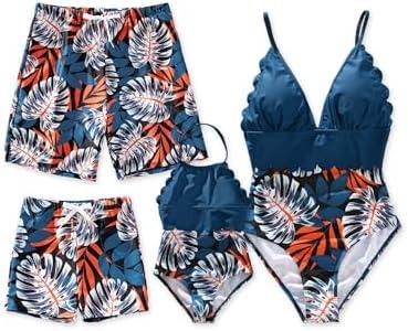 PATPAT Mommy and Me Matching Swimsuit：One Piece V Neck Bathing Suits Leaves Printed Family Swimwear Matching Set, Size XL