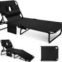 3-in-1 Sun Tanning Chair with Face Holes, Folding Chaise Lounge Chairs, 5-Position Adjustable Lounge Chair Outdoor with 2 Side Pocket & Pillow, for Pool Beach, Patio, Camping, Black