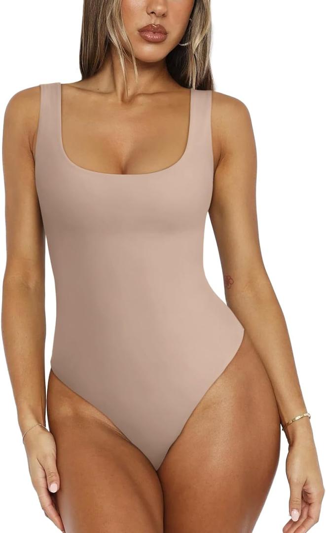 REORIA Women's Sexy Scoop Neck Sleeveless Bodysuit Backless Double Lined Tank Tops Small