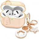 (with Safety Lock) Clear Case Compatible with Cute Apple Airpods 4 Cases 2024 Women, VISOOM Soft TPU Transparency Air pods 4 Gen Case iPods 4 Earbuds Case Girl Bling Keychain for Airpod iPod 4th Gen (Khaki)