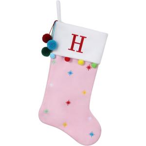 2 x 19 Inch Personalized Monogram Initial Christmas Stocking, Embroidered Fleece Stockings with Stars & Pom Poms, Holiday Fireplace Decor for Xmas Party,Festive Gift- Letter H (Pink)