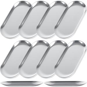 AKOLAFE 10PCS Stainless Steel Serving Tray Set Silver Platters for Serving Food Extra Small Metal Trays Decorative 7" Long Plate Oval Storage Tray Thickened Serving Dishes for Party Buffet Sushi Snack