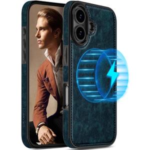 LOHASIC Compatible with MagSafe for iPhone 16 Case, Vintage Leather Slim Business PU Cover Non-Slip Grip Shockproof Bumper Full Body Protective Men Women Phone Case for iPhone 16 5G 6.1" (2024) - Blue