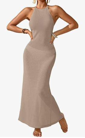 Womens Crochet Knit Slim Fit Beach Midi Wrap Dress Summer 2025 Sexy Halter Backless Slit Bathing Suit Cover Up (Small, Khaki)