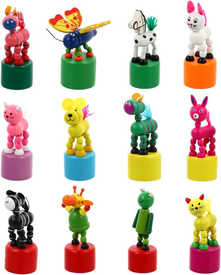 NUOBESTY Wooden Push Puppets Toys Kids Finger Thumb Puppets Animal Figurines Party Favors Press Base Toy Role Play Performance Props 12pcs Random Colors