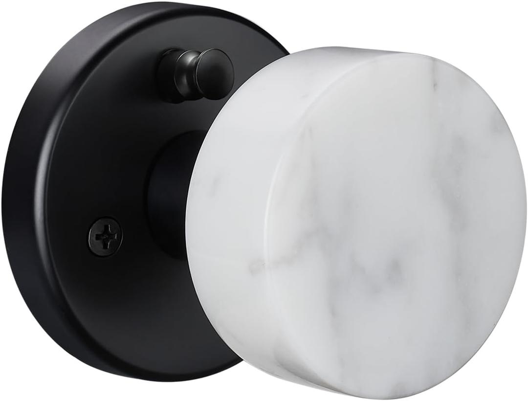 Modern White Marble Door Knob, Interior Privacy Door Handle with Matte Black for Bedroom Bathroom,Keyless Design