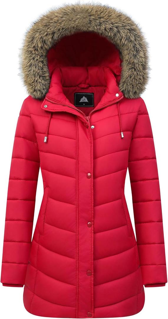 Women's Long Winter Puffer Coat Warm Thicken Fleece Lined Down Jacket Waterproof Detachable Hooded Parka (Red)
