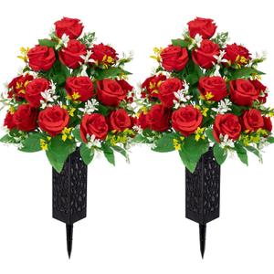 LVXINLI 2 Sets Artificial Cemetery Flowers,Memorial Flowers,Beautiful Arrangements for Headstones,Black Plastic vase with Drainage Hole Long Spikes Outdoor Memorials (red)