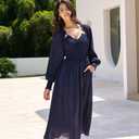 Long Sleeve Chiffon Midi Dresses Cut Out Back Sexy V Neck Smocked Waist Fall Wedding Guest Dress with Pockets