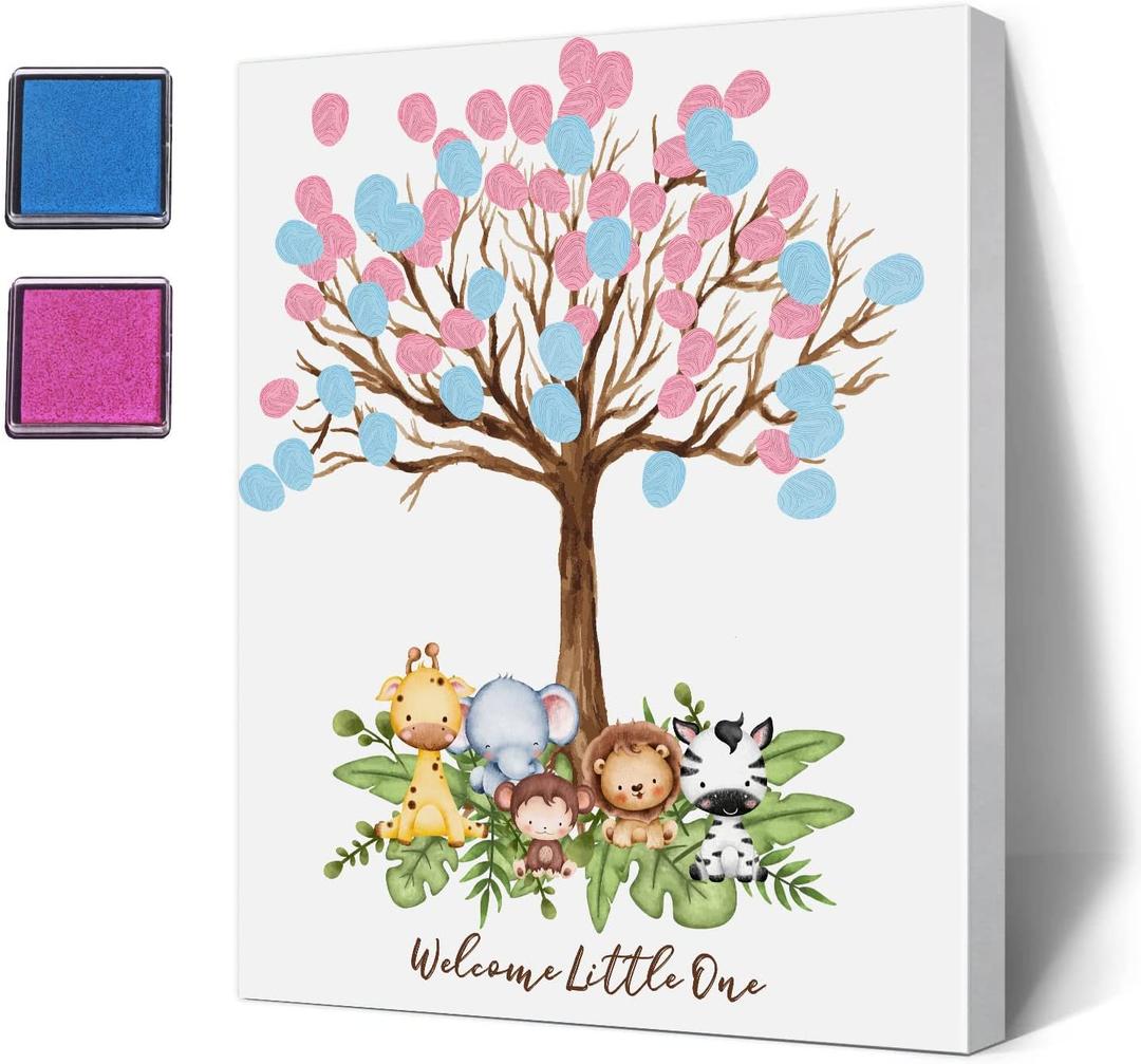 LNOKRIM Baby Shower Guest Book Fingerprint Tree Canvas, Jungle Safari Theme Gender Reveal Supplies, Personalized Alternative Guest Book,Fingerprint Guest Book (004)