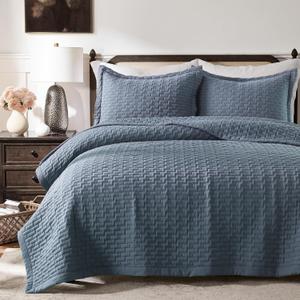 WDCOZY Dusty Blue King Size Quilt Set, Geometric Box Lightweight Bedspread, Soft Farmhouse Rustic Coverlet, Spring Summer Thin Comforter, Country Bedding, 104x90 inches