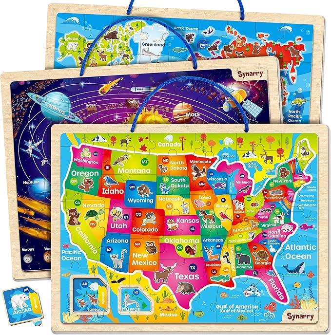 SYNARRY Large USA World Solar System Wooden Magnetic Puzzles for Kids Ages 4-6, Wood Puzzles Educational Games Toys Easter Gifts for Toddlers, United States World Space Map for Boys Girls Ages 3-5 4-8