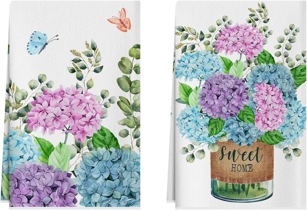 XCHI Hydrangea Flowers Eucalyptus Leaves Spring Kitchen Towels Summer Dish Towels 18x26 Inch Home Kitchen Decorations Hand Towels Set of 2 Drying Dishcloth