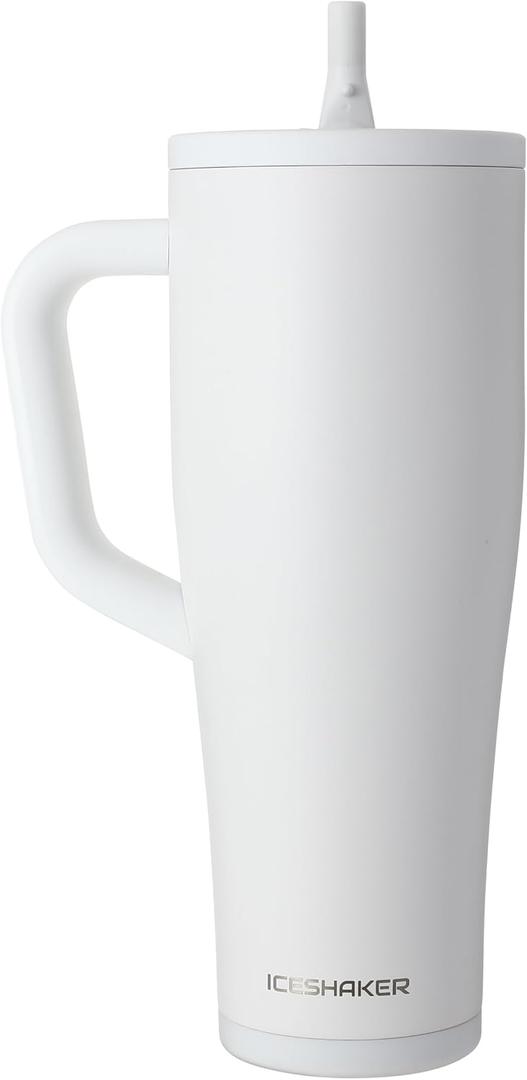 Ice Shaker 40 oz Tumbler with Handle and Straw | 40oz White | Cold for 30+ Hours | 2-in-1 Tumbler Shaker Bottle | Odor-Free 40 ounce Bottle for Water, Protein Shakes, Smoothies, Cocktails
