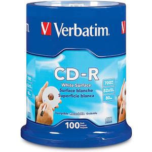 Verbatim CD-R Blank Discs 700MB 80 Minutes 52x Recordable Disc for Data and Music with Blank White Surface - 100 Pack Spindle
