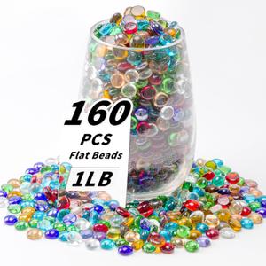 1 LB Mixed Color Flat Glass Beads, 160-180PCS Small Glass Marbles, Mini Flat Round Pebbles for Vase Filler and Floral, Fish Tank Rocks Decorative Gemstones for Home and Aquarium Dcor