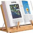Wooden Desktop Book Stands, Adjustable Book Stand for Reading, Pezin & Hulin Cook Book Holder Seat, Bamboo Foldable Riser for Tablet, Recipe, Laptop with Page Clips