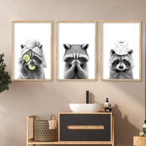 Funny Bathroom Adorable Raccoon Wall Art Decor 16x11 Inch Set Of 3 Laundry Animal Prints Wooden Framed Signs Rustic Washroom Interesting Modren Artwork Wall Hanging Deoration (Wood)
