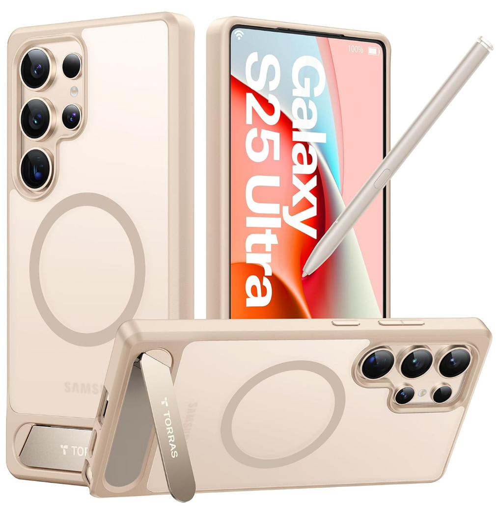 TORRAS Strong Magnetic & Seamless Stand for Samsung Galaxy S25 Ultra Case, Fit for MagSafe, Mil-Grade Drop Protection, Kickstand for Samsung Galaxy S25 Ultra Case, Translucent Back/Gold Edge