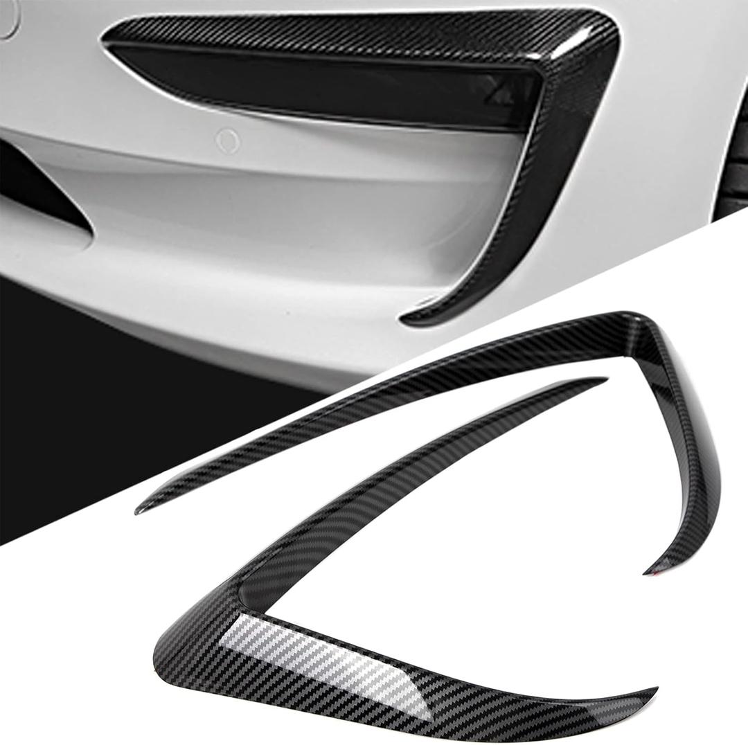 Front Fog Light Trim Cover for Tesla Model 3, 2PCS Fog Lamp Frame Blade Trim Eyebrow Eyelids Cover, Spoiler Accessories for Model 3 2017 2018 2019 2020 2021 2022 2023, Glossy Carbon Fiber