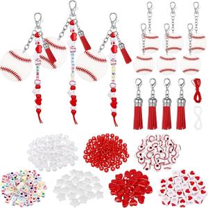 Misdary 622 Pcs Baseball Sport Bead Keychain DIY Kit Ball Keychain Making Craft Kit Adjustable Star and Heart Cube Tassel Ball Bulk Cheerleader Team Gift Sport Jewelry Making Accessories (White)