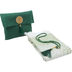 Prien Muslim Prayer Rug with Tasbih and Portable Bag, Muslim Gift for Women Men, Mubarak Islamic Box, Soft Mat Islam Gifts Set, Turkish Sajadah for Ramadan, Eid, Hajj, Travel, Pray (Emerald)