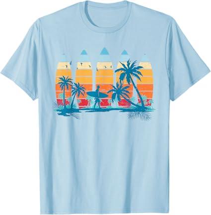 Vintage Surfboard Sunset Surfboarder Retro Surfer Palm Tree T-Shirt, Baby Blue, Small