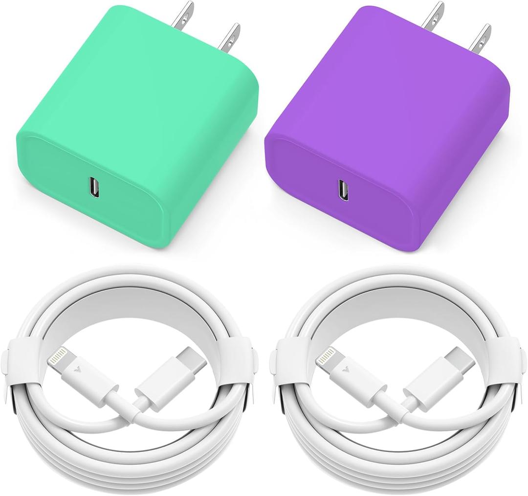 iPhone Charger Fast Charging, 2 Pack 20W USB C Wall Charger Block with 2 Pack MFi Certified 6FT Type C to Lightning Cables for iPhone 14 13 12 11 Pro Max XR XS X, iPad,AirPods Pro (Purple+Green)