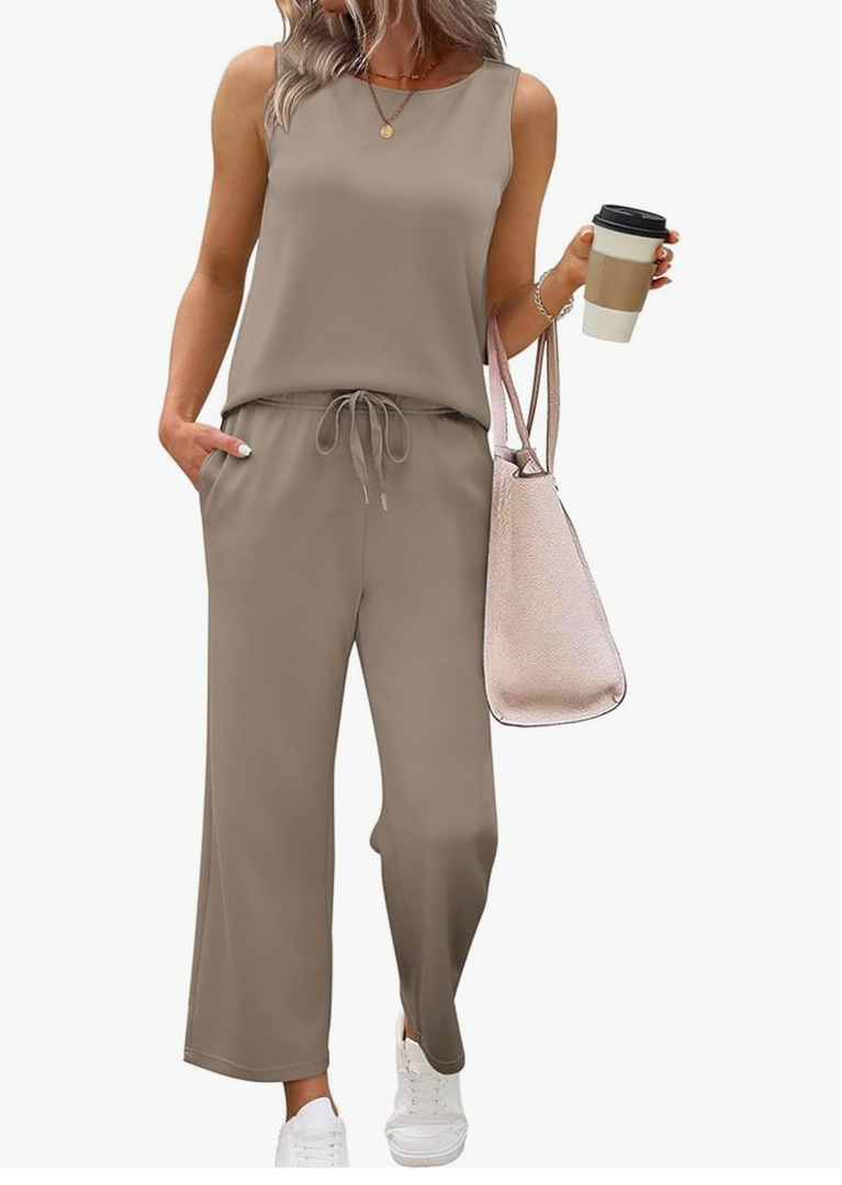 SAMPEEL Two Piece Sets for Women Summer Outfits Beach Vacation Clothes Wide Leg Crop Pants, L