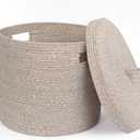 Storage Basket with Lid, Woven Blanket Storage for Living Room, Soft Cotton Rope Bin with Lid, Round Wicker Laundry Basket with Cover, Lidded Kids Dog Toy Bin, Nursery Organizer, 15" x 13" (Brown)